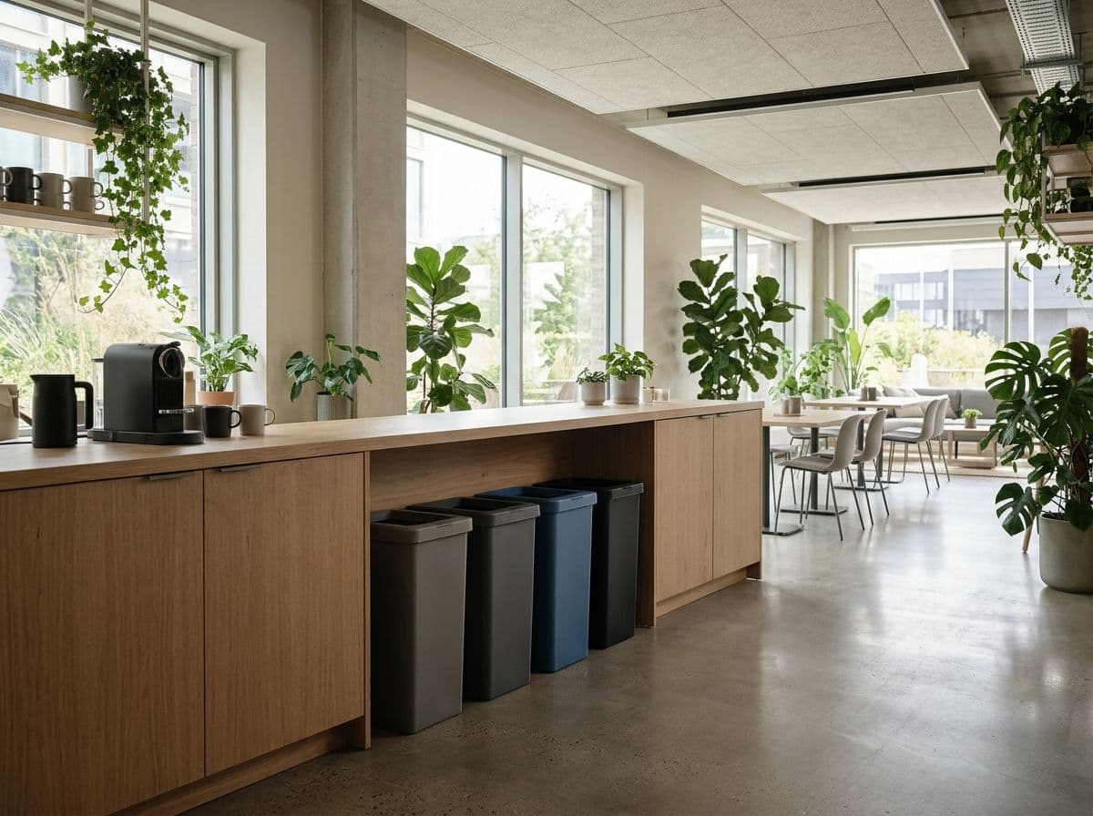 A bright office kitchen with a row of recycling and trash bins under the counter