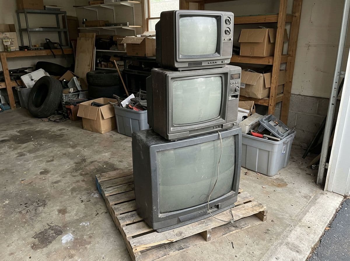 Three old tube televisions stacked on a pallet in a storeroom
