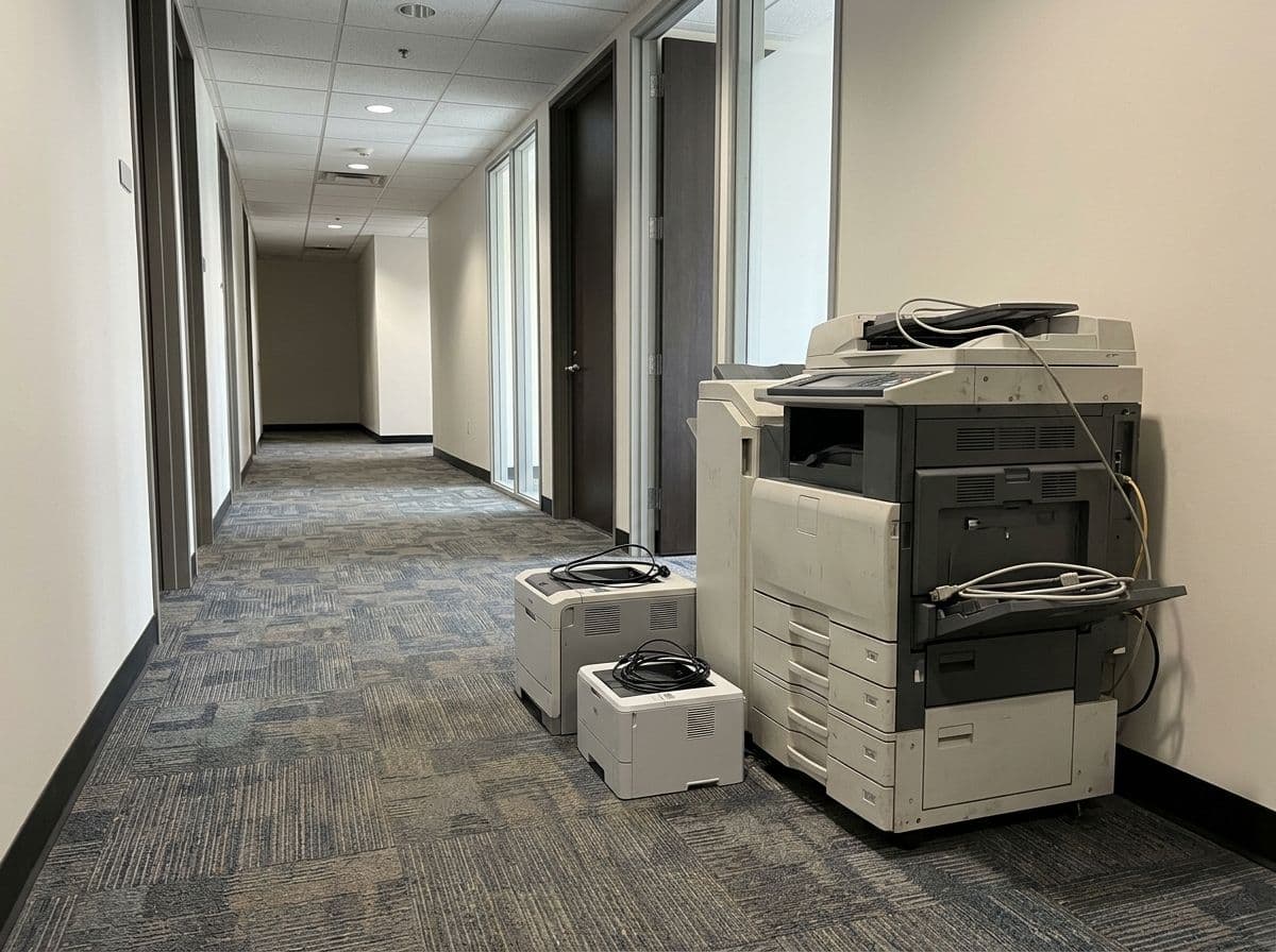 A large office copier and two small printers parked in an office corridor