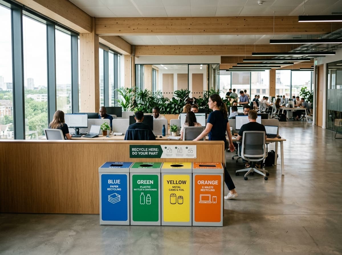 Office recycling bins organized in a commercial building lobby