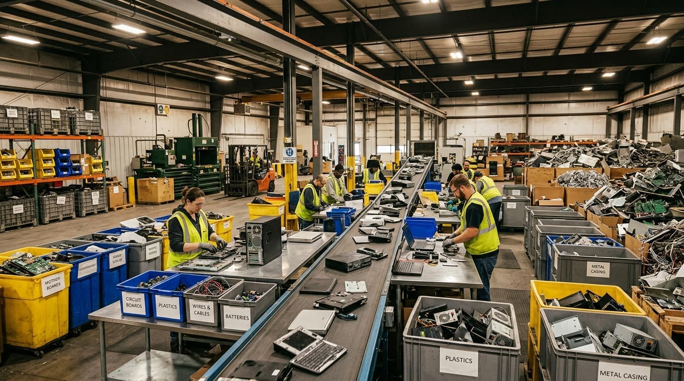 Circuit boards and electronic components staged for recycling