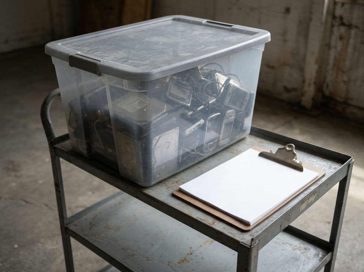 A clear tub of old electronics and a clipboard on a metal cart